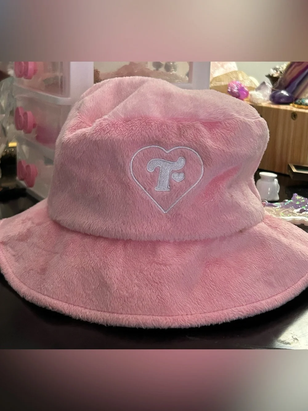 Trixie Cosmetics Plush Pink Bucket Hat with Embroidered Heart